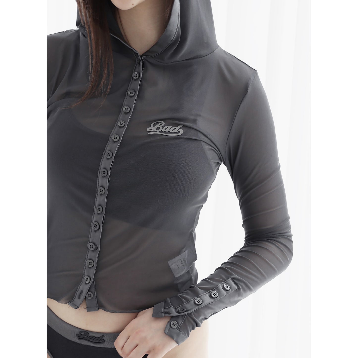 BADBLOOD Korea American sexy perspective mesh button round neck female hooded cardigan long sleeve 24 spring and summer