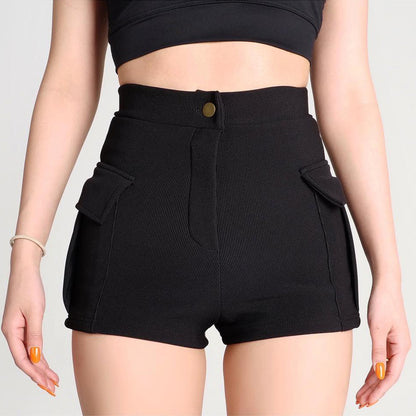 in stock, Korea Dongdaemun new high-waisted tight shorts 2024, double pockets, buttocks high-waisted sexy pants