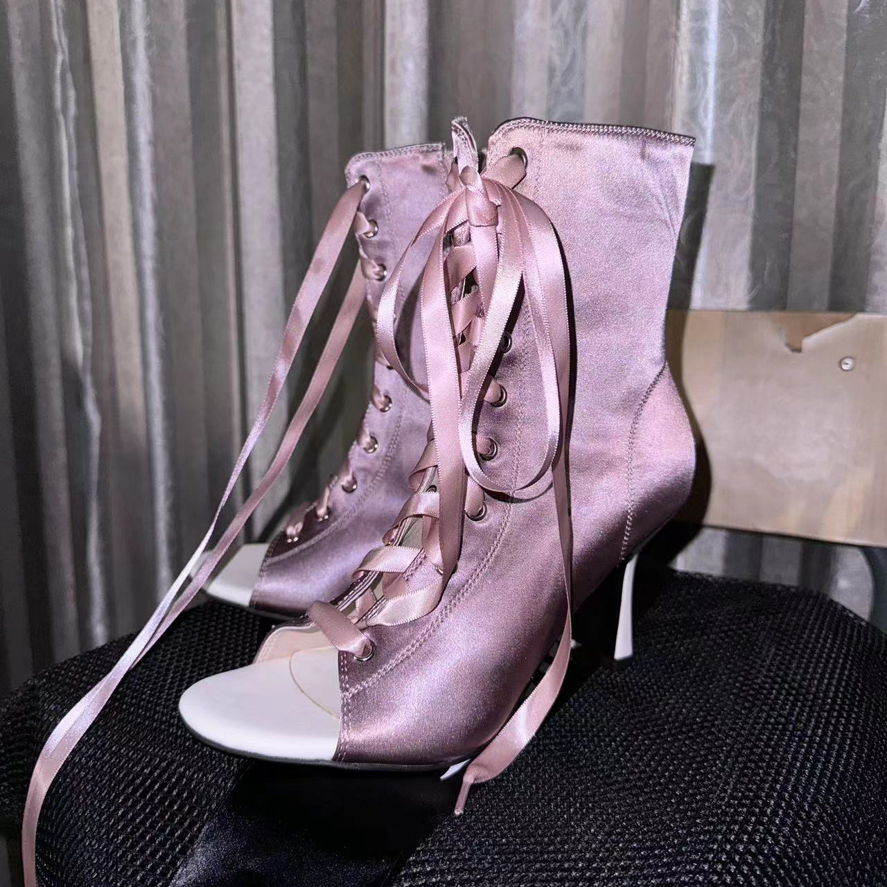 Satin purple fish mouth shoes, jazz high heels, heels dancing shoes, dancing booties, sandals, women and men