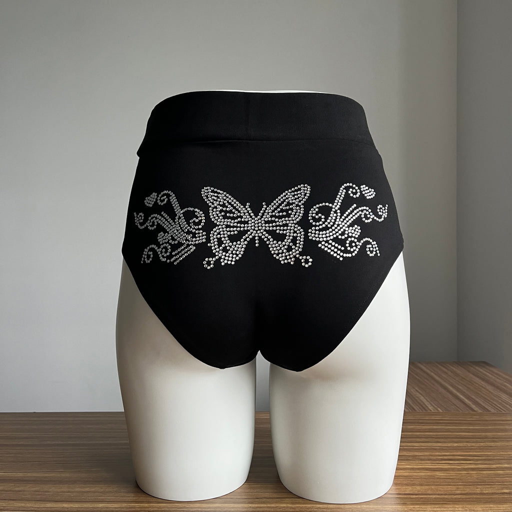 Shorts with drilled butterfly adornment, heels dancewear, high elasticity sense, lift the buttocks, black jazz dance shorts anti-glare