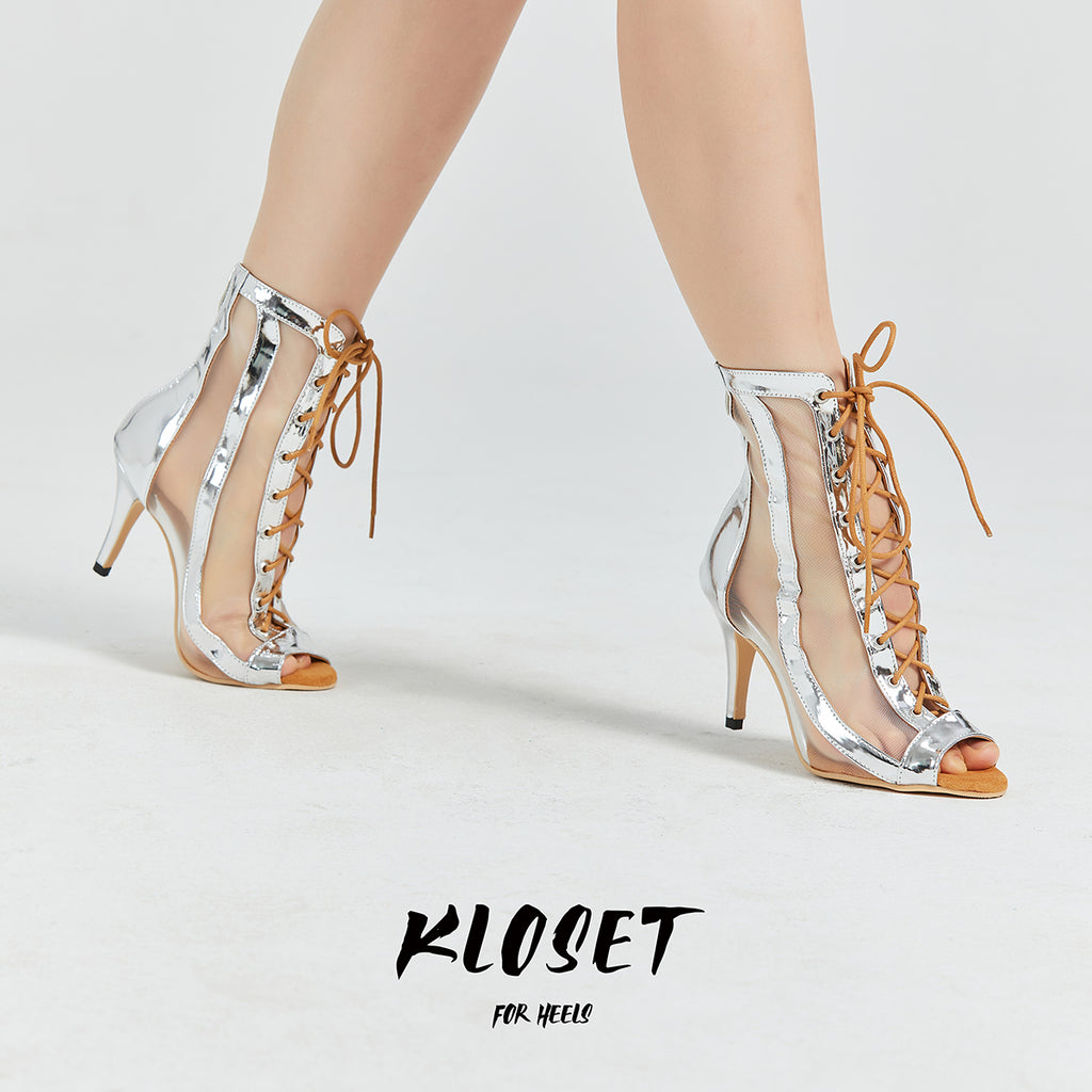 Silver fishbill strappy jazz dance heels dancing shoes stretch dancing booties summer open-toe sandals
