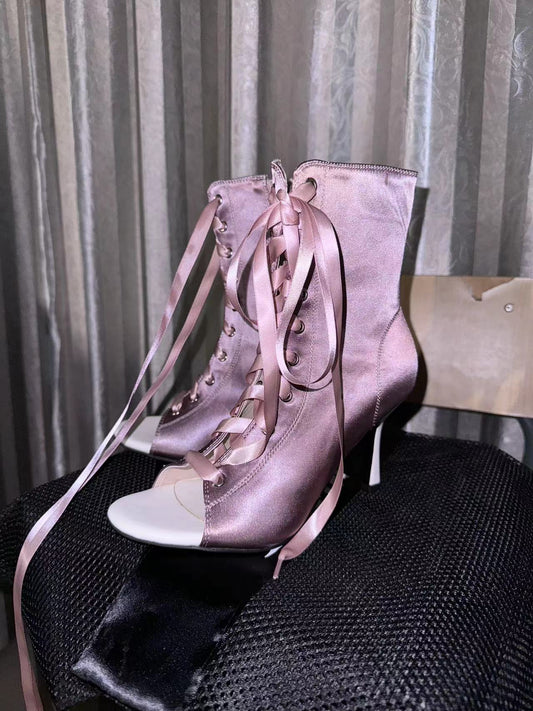 Satin purple fish mouth shoes, jazz high heels, heels dancing shoes, dancing booties, sandals, women and men