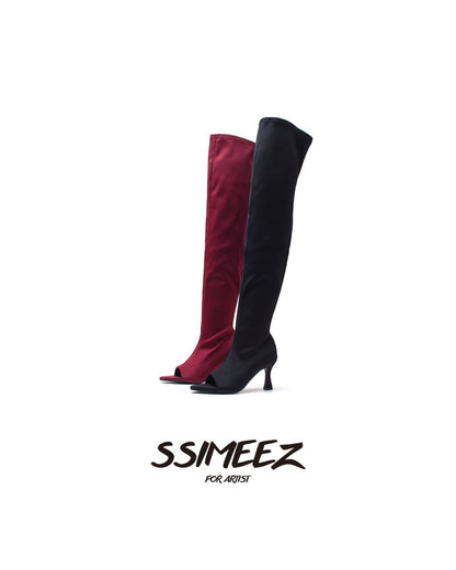 Christmas burgundy jazz dance heels dancing shoes wine glass heel mouth over-the-knee boots stretch boots