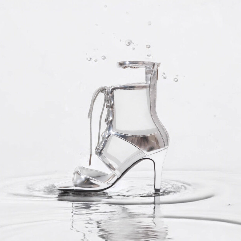 Sexy see-through jazz zipper dance shoes high heels openwork dancing shoes boots lace-up short heels women