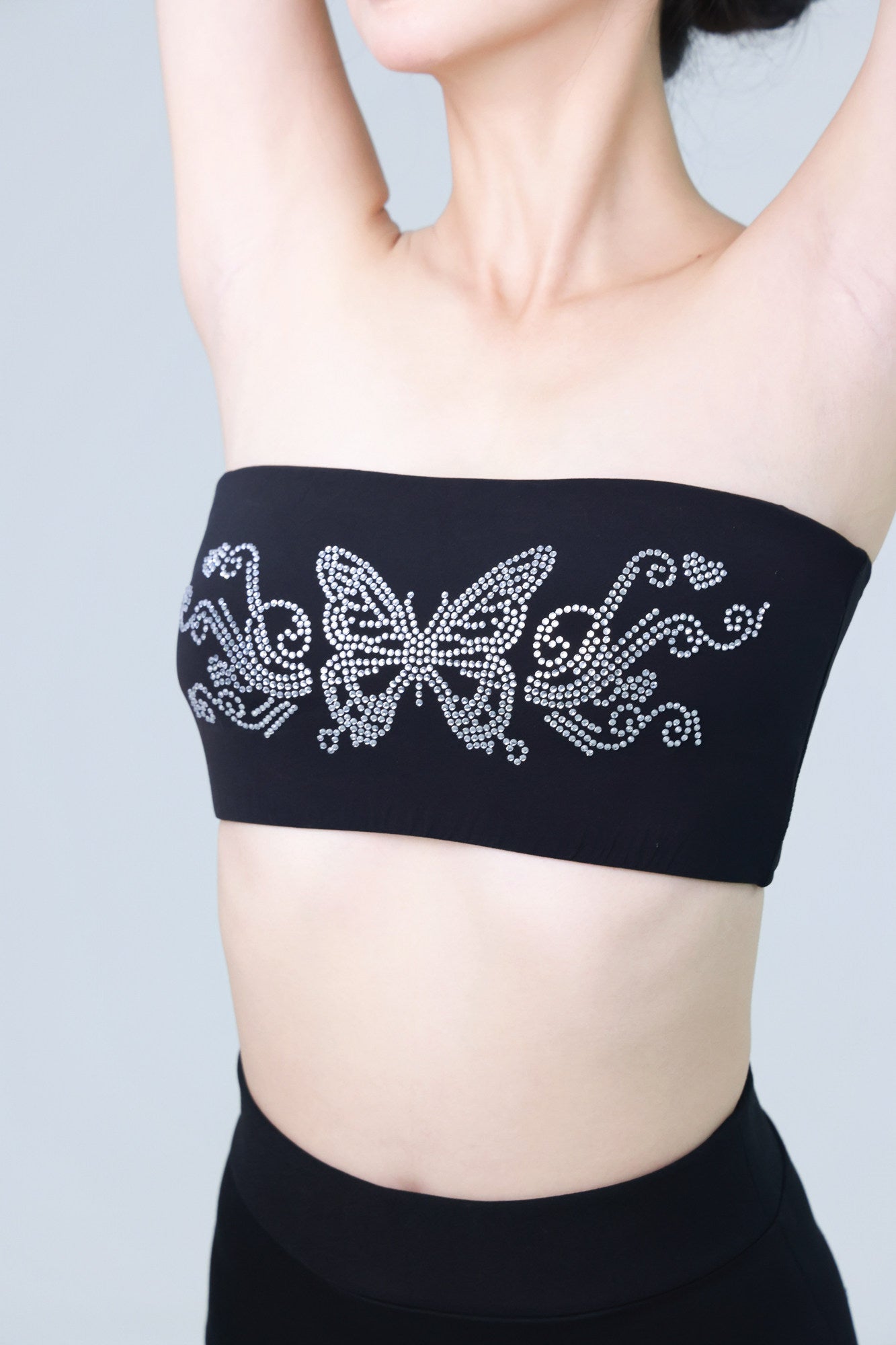 Professional pole dancing butterfly hot diamond bandeau anti-light short top jazz dance high elasticity black chest wrap underwear