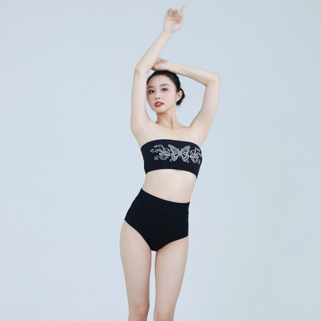 Professional pole dancing butterfly hot diamond bandeau anti-light short top jazz dance high elasticity black chest wrap underwear