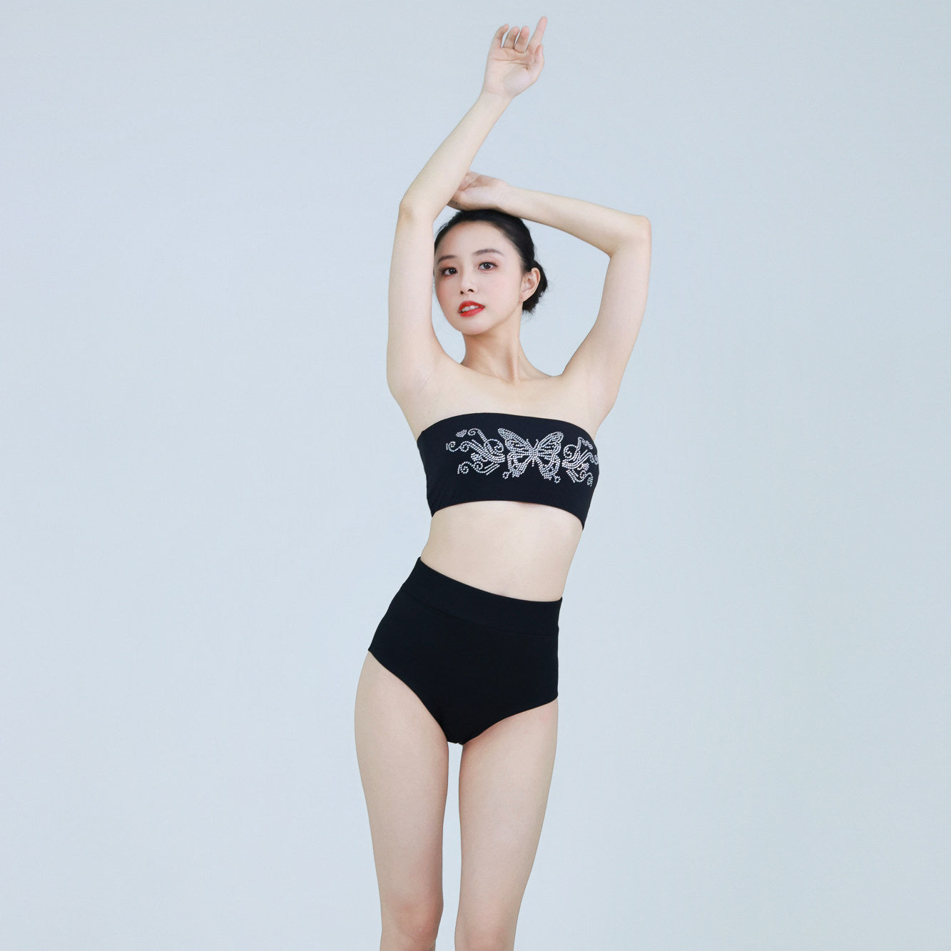 Professional pole dancing butterfly hot diamond bandeau anti-light short top jazz dance high elasticity black chest wrap underwear