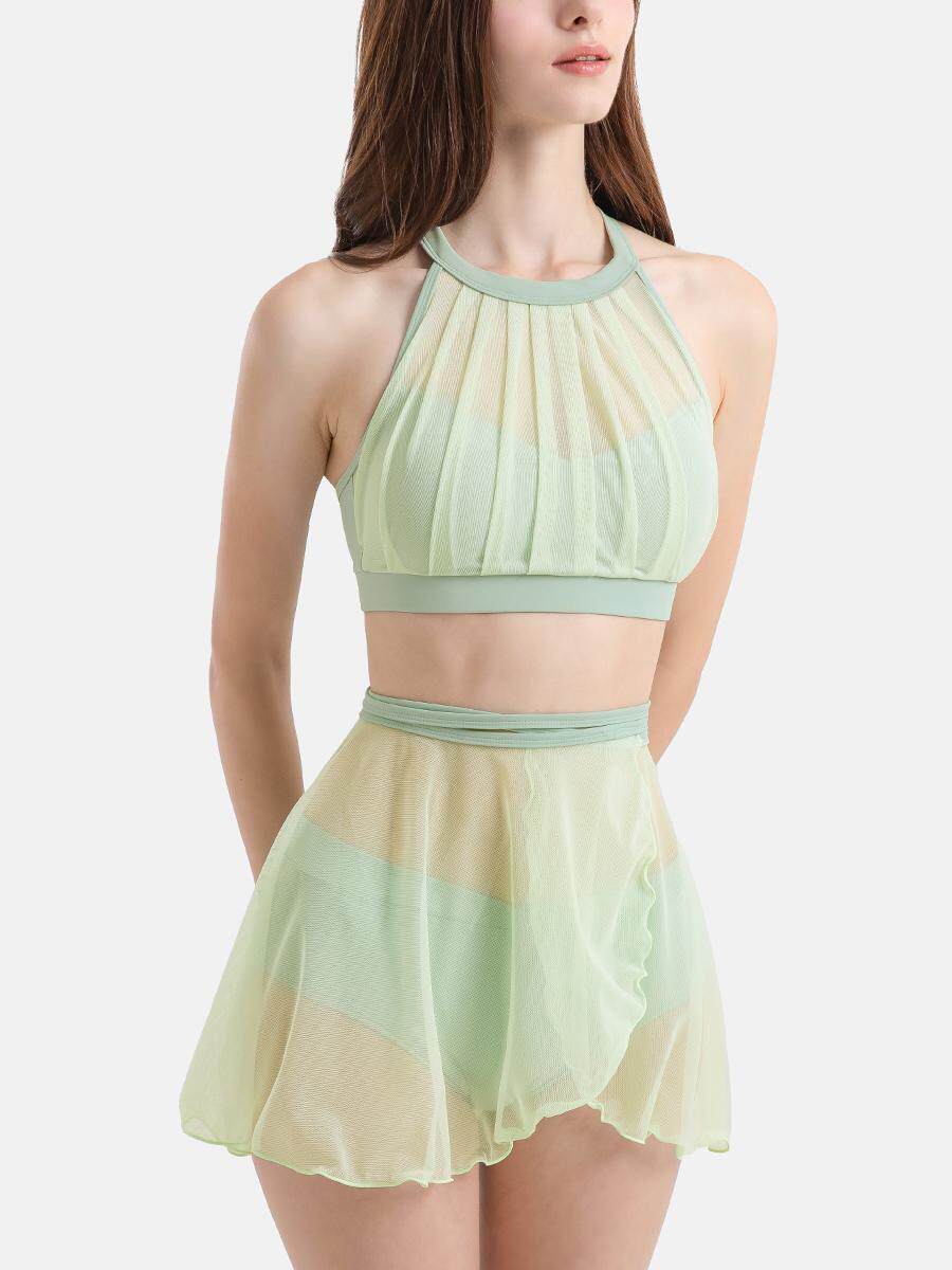 Pole dance costume underwear women's pololewear mesh bra gauze skirt suspender butt curtain anti-light shorts set