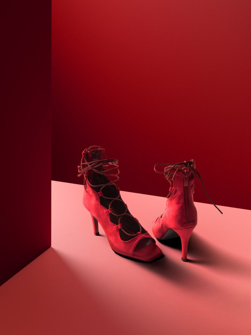 Red sexy jazz special dance shoes lace-up short heels openwork dancing shoes soft-soled boots heels women