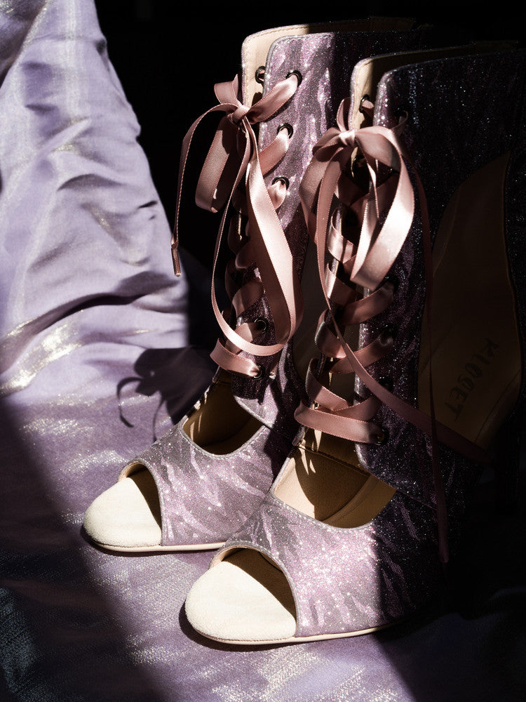 Purple streamer mesh jazz dance fish mouth high heels HEELS dance shoes fine glitter satin pearlescent boots dance shoes