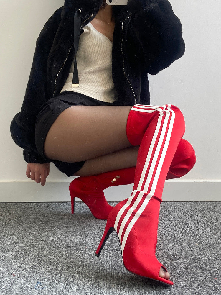 Jazz dance high heels heels dance shoes three bars hot girl red high heel boots long elastic boots girl