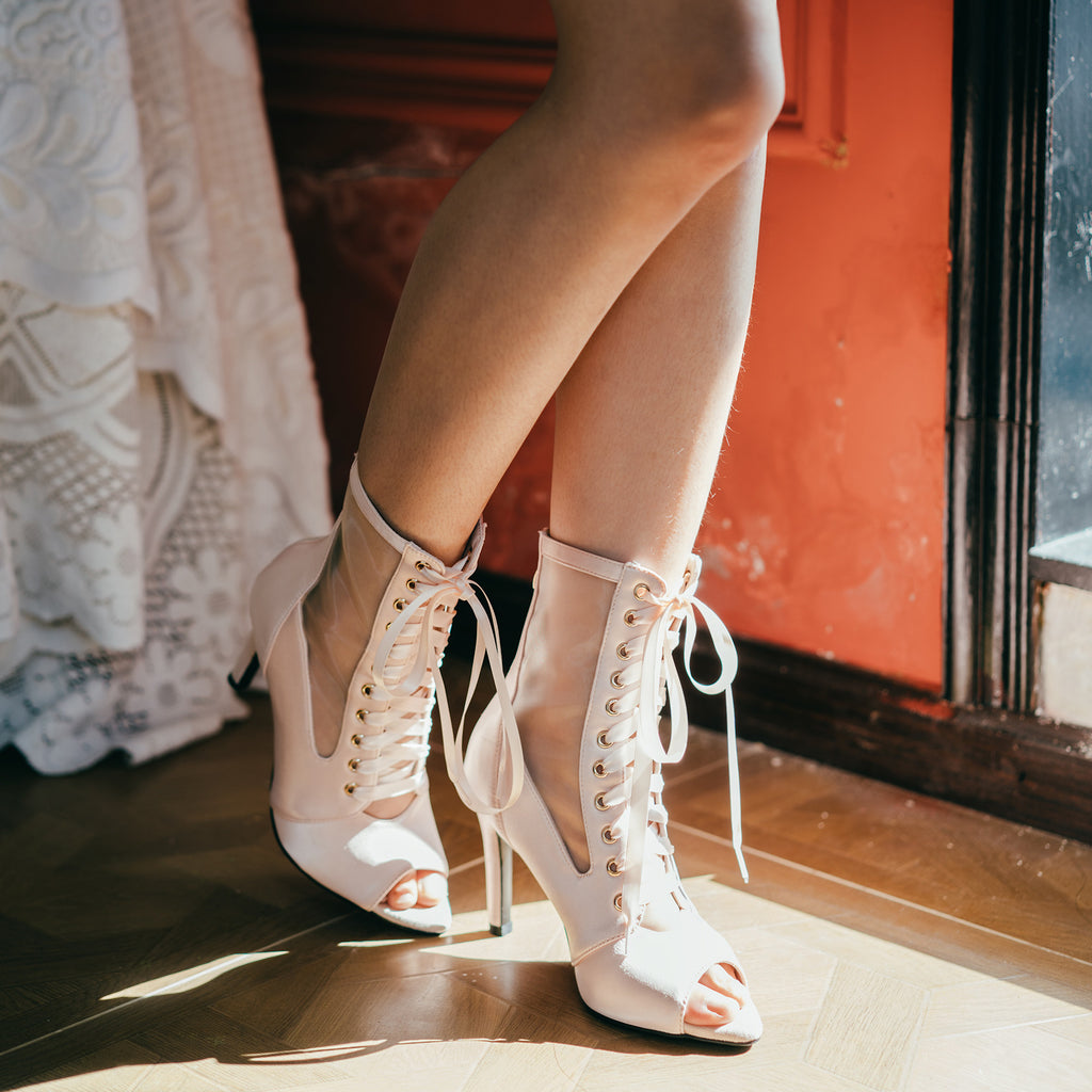 Jazz dance net boots, heels, satin straps, openwork sandals, women's stilettos, fishbill boots, dancing heels, pink apricots