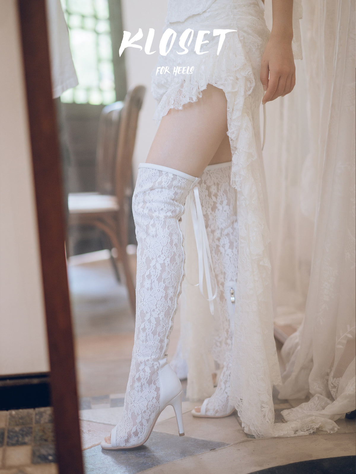 Original white lace sexy mesh over the knee fishmouth heels back lace-up long jazz dancing shoes heels girl