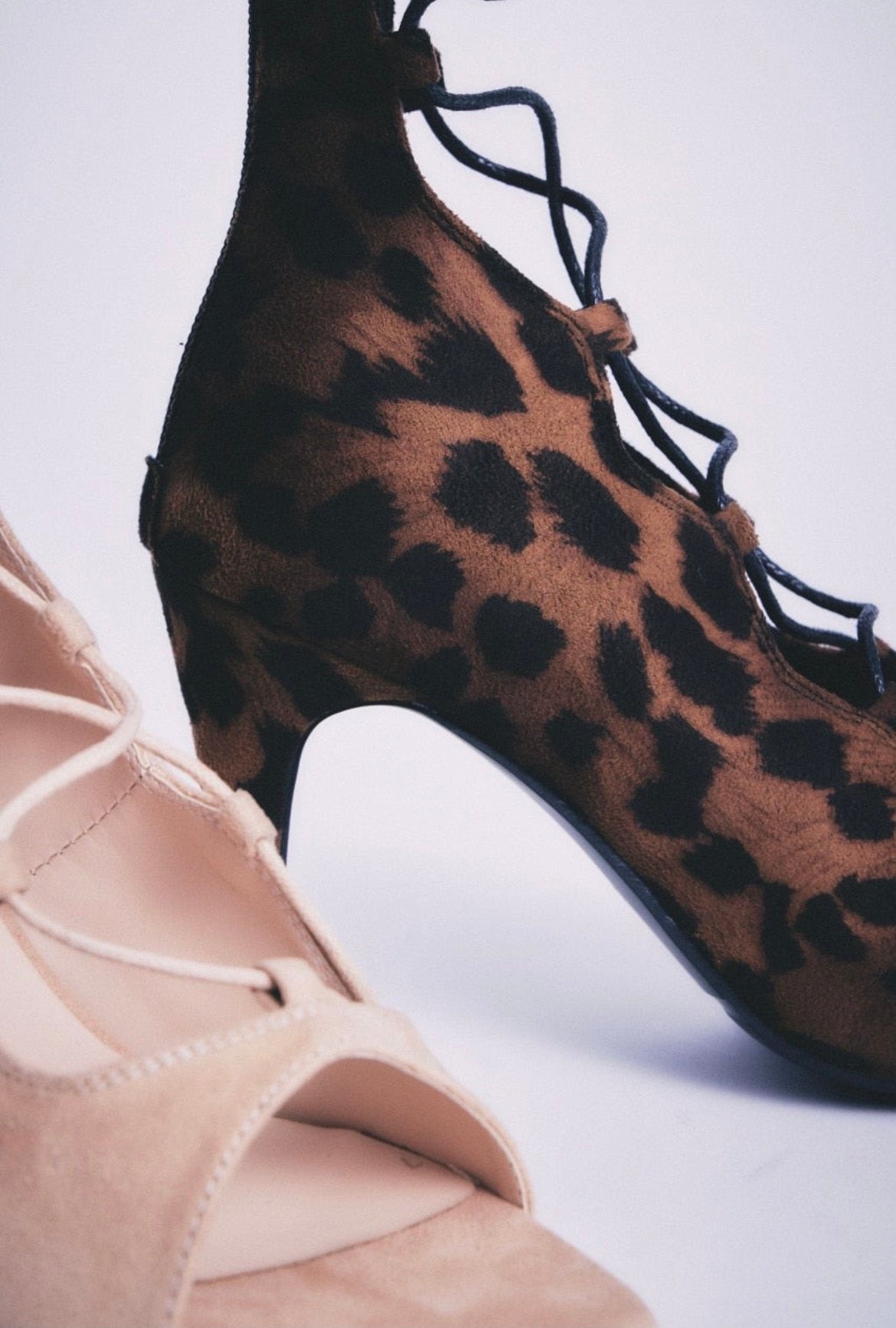 Leopard print sexy jazz special dance shoes lace-up short heels openwork dancing shoes soft sole boots heels women