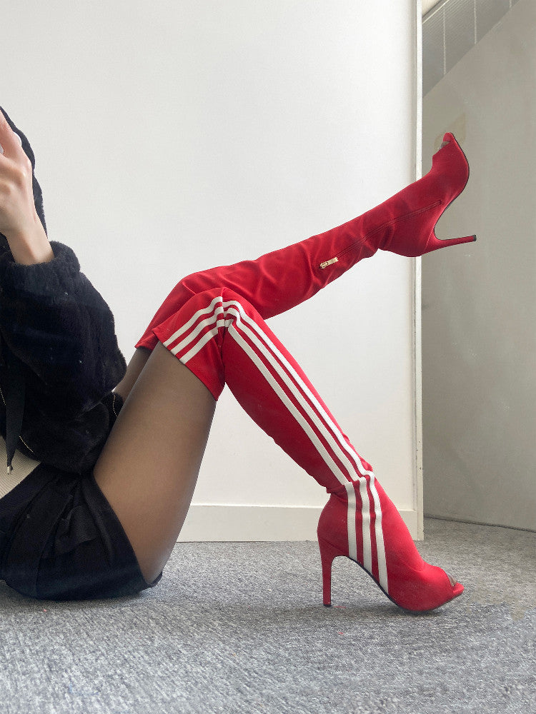 Jazz dance high heels heels dance shoes three bars hot girl red high heel boots long elastic boots girl