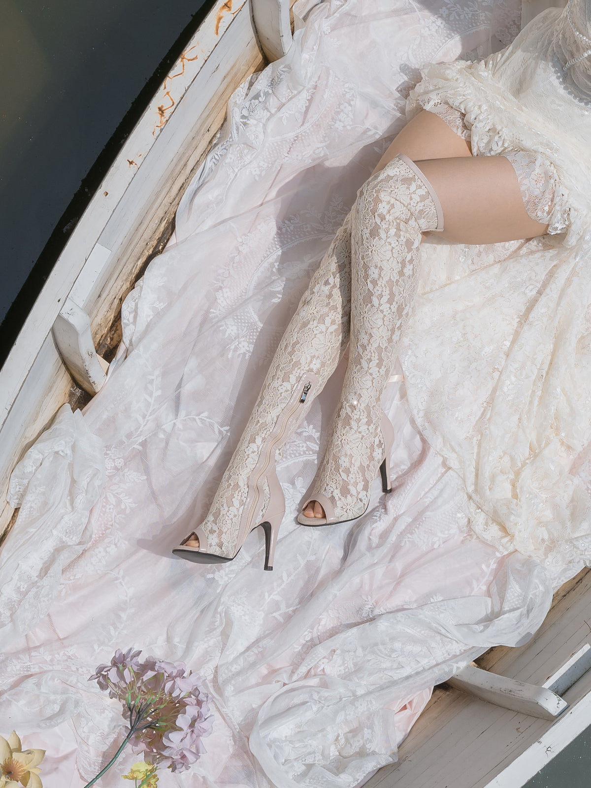 Original apricot lace mesh over-the-knee fish-mouth high heels, back lace knee knee dance shoes, heels long boots for women