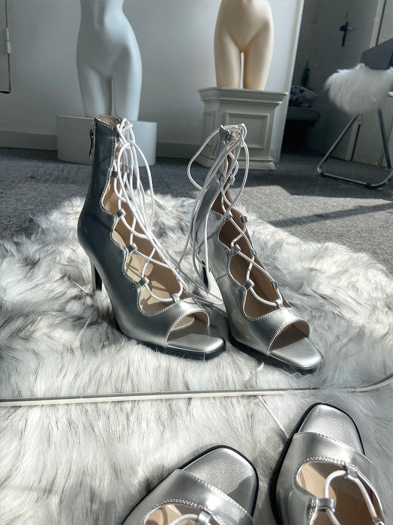 Red sexy jazz special dance shoes lace-up short heels openwork dancing shoes soft-soled boots heels women