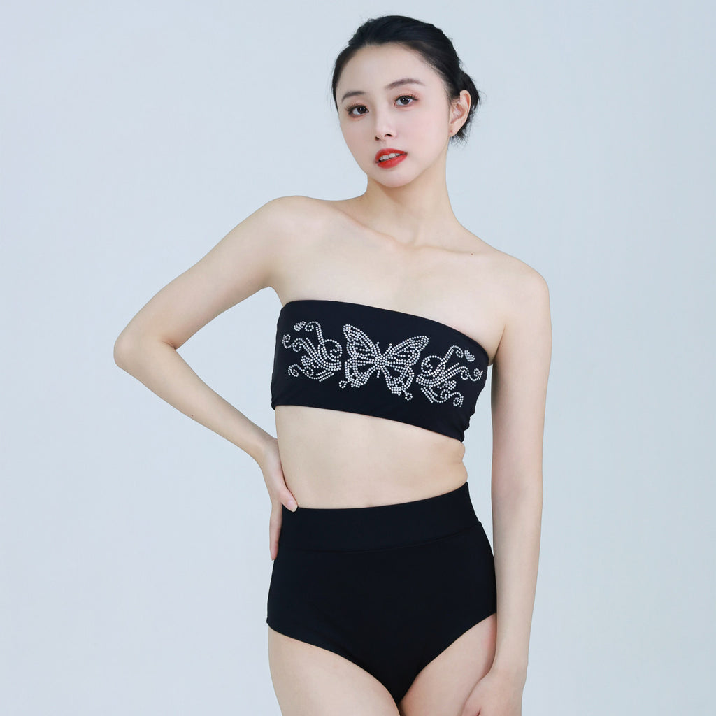 Professional pole dancing butterfly hot diamond bandeau anti-light short top jazz dance high elasticity black chest wrap underwear