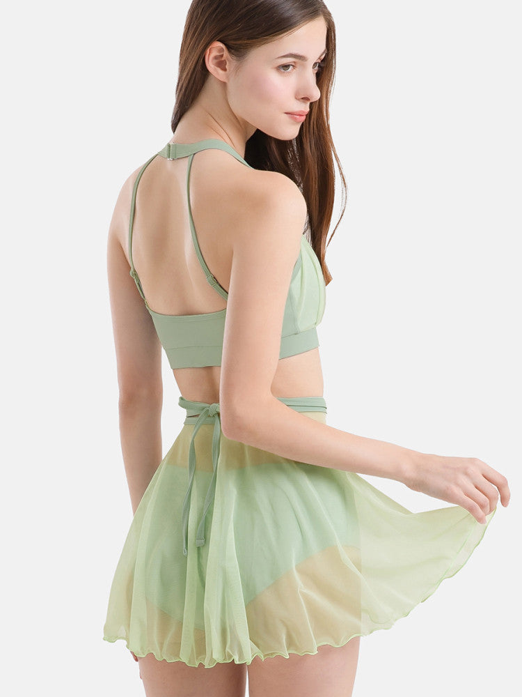 Pole dance costume underwear women's pololewear mesh bra gauze skirt suspender butt curtain anti-light shorts set