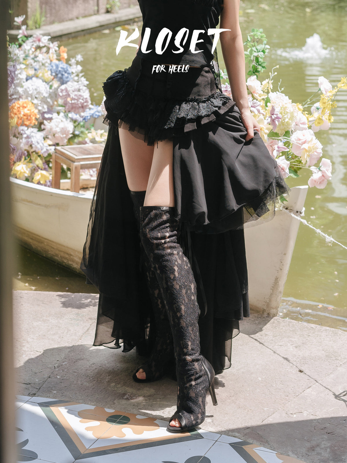 Original black lace mesh over-the-knee fish-mouth high heels, back lace knee-length jazz dance shoes, heels, long boots for women