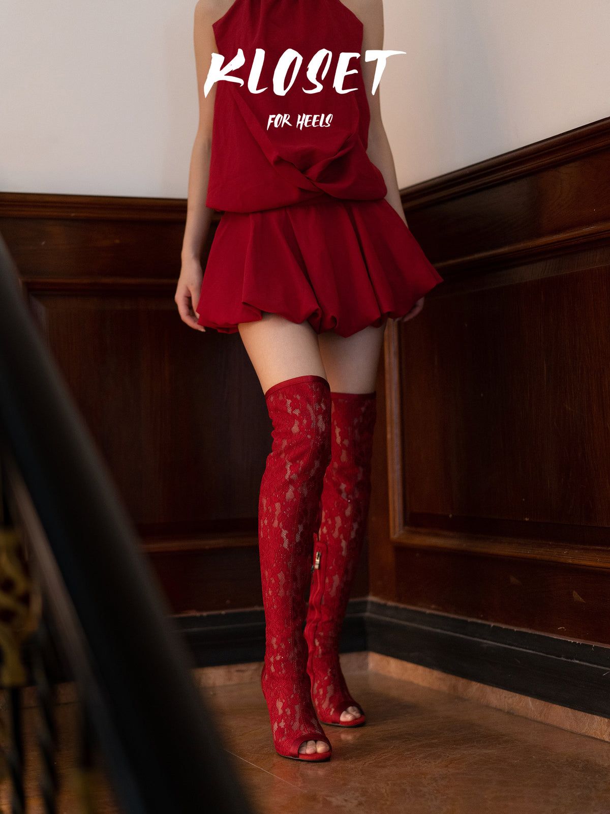 Original burgundy lace mesh over-the-knee fish-mouth high heels, back-lace knee-high jazz dance shoes, heels boots