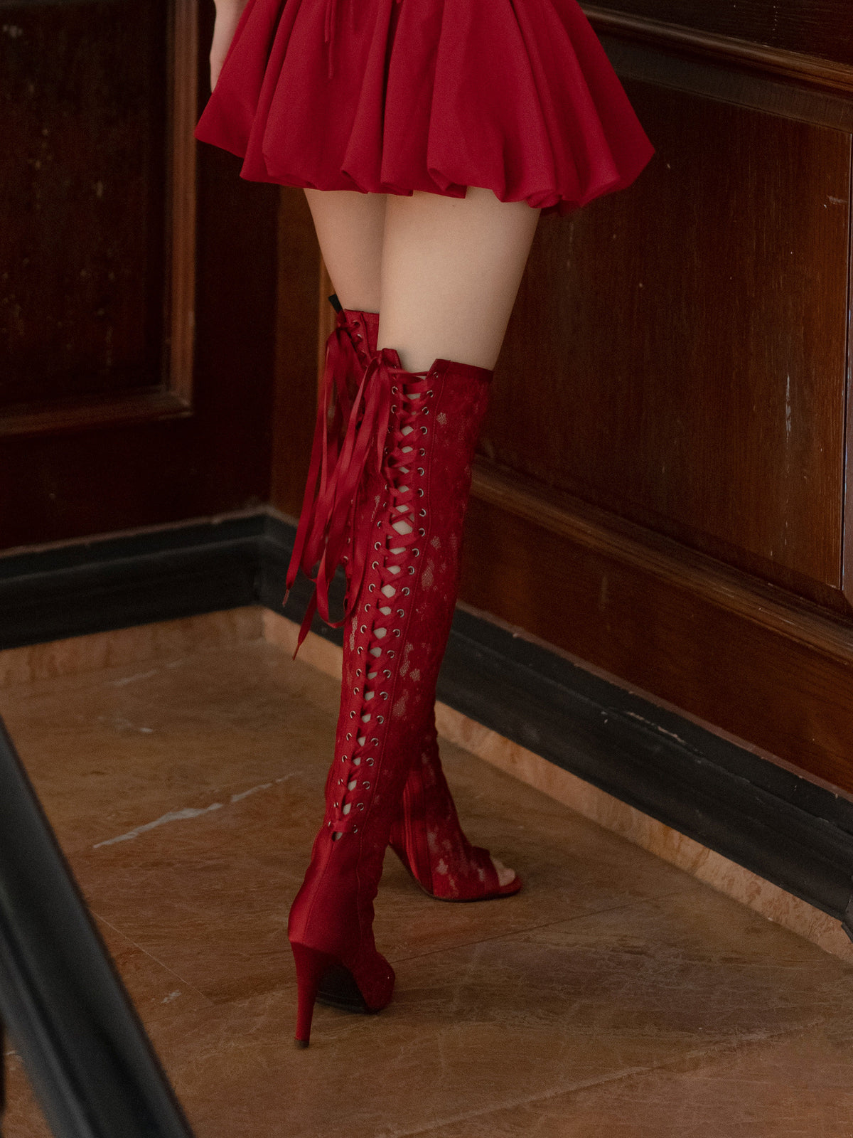 Original burgundy lace mesh over-the-knee fish-mouth high heels, back-lace knee-high jazz dance shoes, heels boots