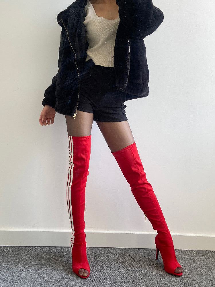 Jazz dance high heels heels dance shoes three bars hot girl red high heel boots long elastic boots girl