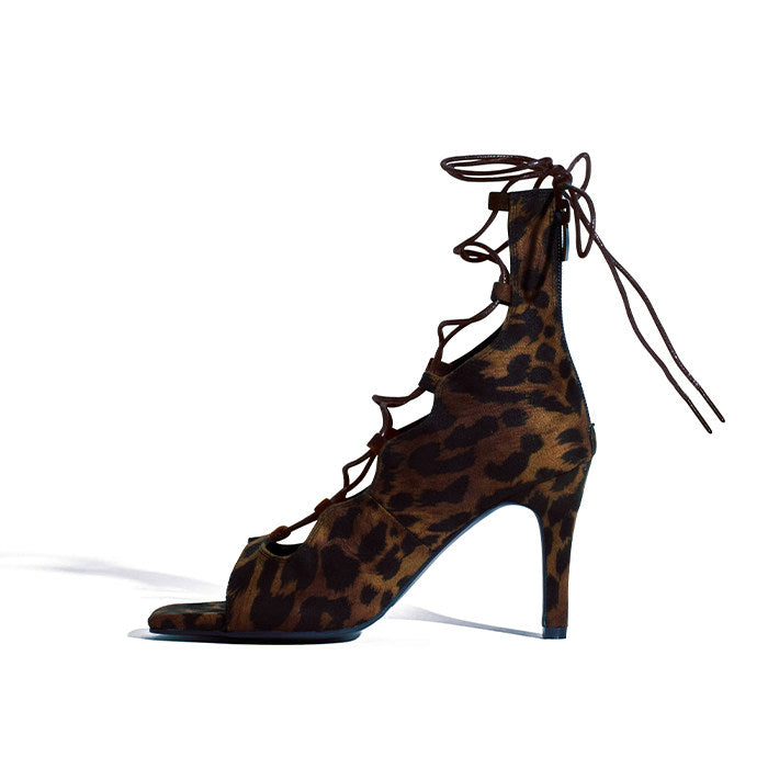 Leopard print sexy jazz special dance shoes lace-up short heels openwork dancing shoes soft sole boots heels women