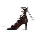 Leopard print sexy jazz special dance shoes lace-up short heels openwork dancing shoes soft sole boots heels women