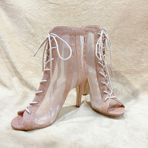 Glitter Mesh Jazz Dance Fish Mouth Heels, HEELS Specialized Dance Shoes, Short Boots Dance Shoes Dancing Female