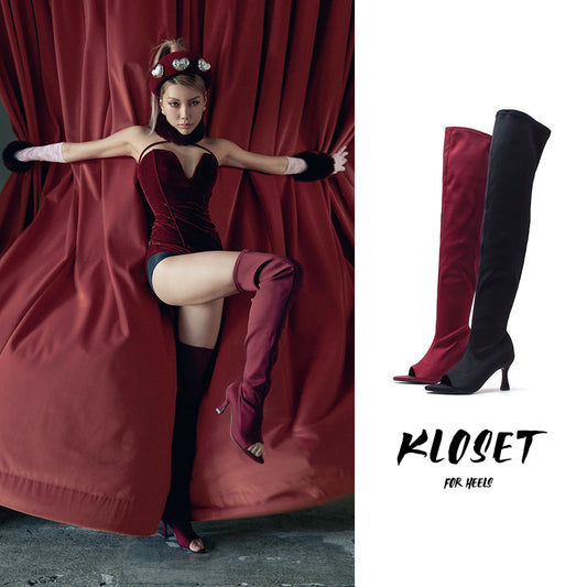 Christmas burgundy jazz dance heels dancing shoes wine glass heel mouth over-the-knee boots stretch boots